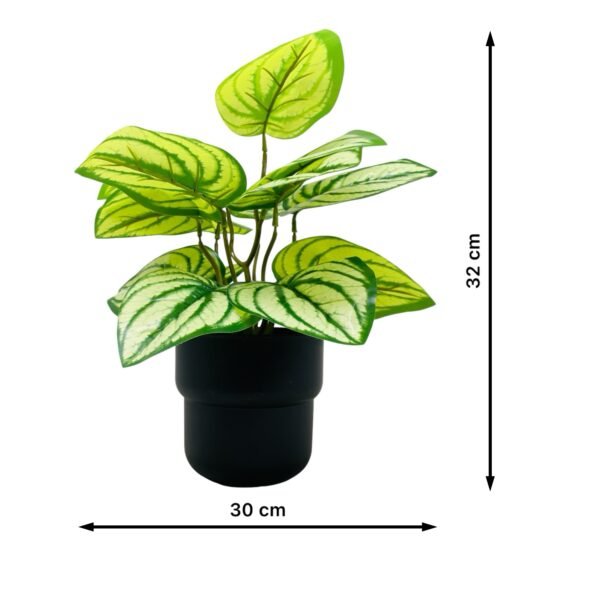 Artificial Caladium Plant with Realistic Green Leaves in Black Pot - Image 6