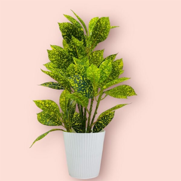 Artificial Aglonema Plant with Speckled Green Leaves in White Pot - Image 6