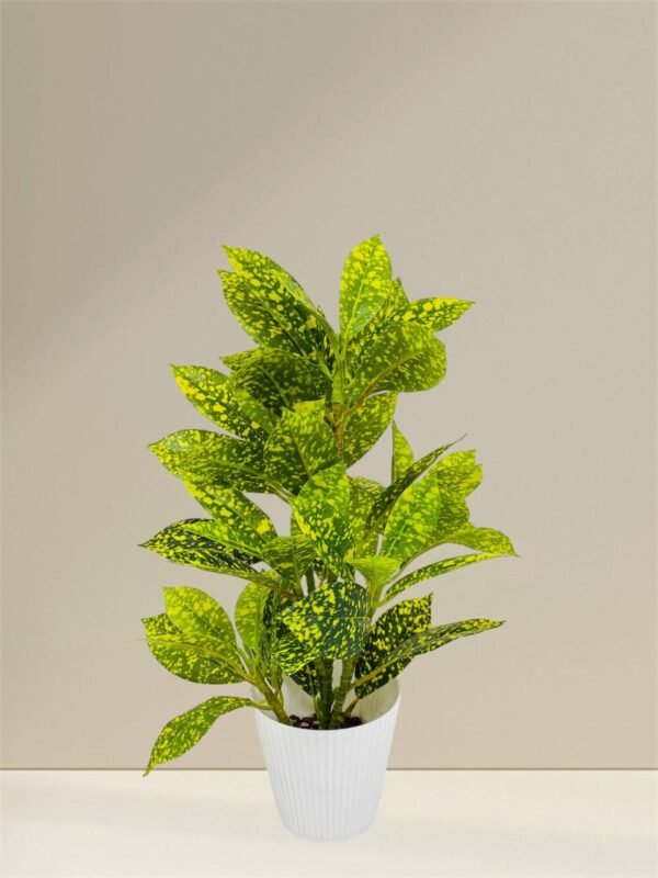 Artificial Aglonema Plant with Speckled Green Leaves in White Pot - Image 4