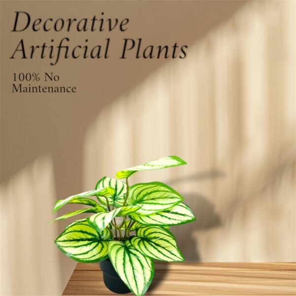 Artificial Caladium Plant with Realistic Green Leaves in Black Pot - Image 2