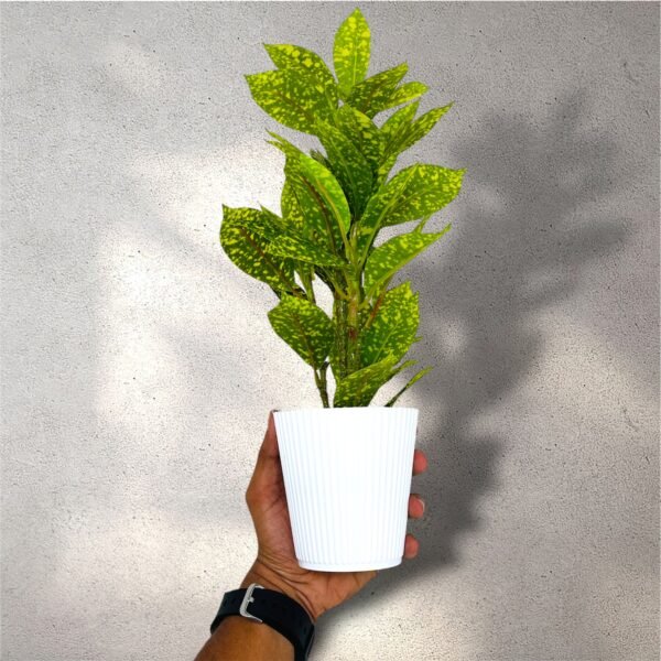 Artificial Aglonema Plant with Speckled Green Leaves in White Pot - Image 2